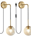 Plug In Wall Sconce Set Of 2 Modern Glass Globe Lights With Brushed Brass Finish amber glass globes and plug-in cords