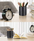 Glitter Desk Pen Holder Organizer For Office And Home Leather Look Pencil Cup shown on a desk with books and clock