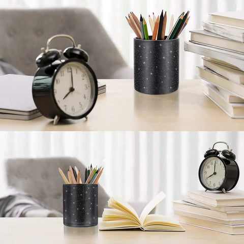 Glitter Desk Pen Holder Organizer For Office And Home Leather Look Pencil Cup shown on a desk with books and clock