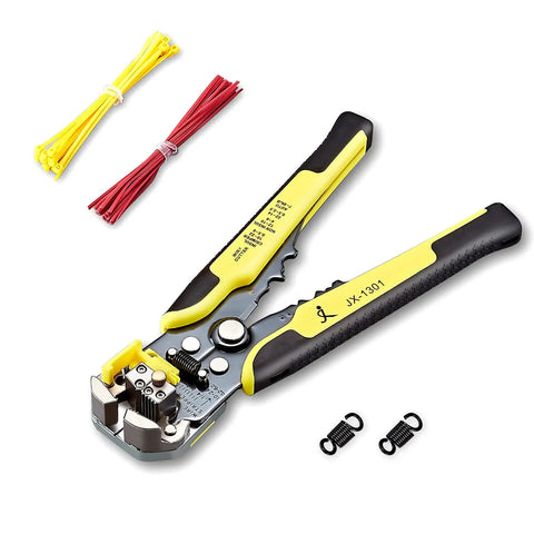 Automatic Wire Stripper Tool 8 Inch Self Adjusting With Replaceable Springs, Wire Cutter And Crimping Pliers For 10-24 AWG shown with ties.