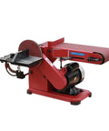 Heavy Duty Electric Belt And Disc Sander Featuring A Kickass 3450Rpm Motor with red casing and adjustable table for woodworking.