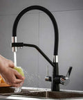 GAZOGJ 3-Way Kitchen Faucet with 360°Rotatable Shower Head, Dual Lever Mixer Tap, black finish in modern kitchen.