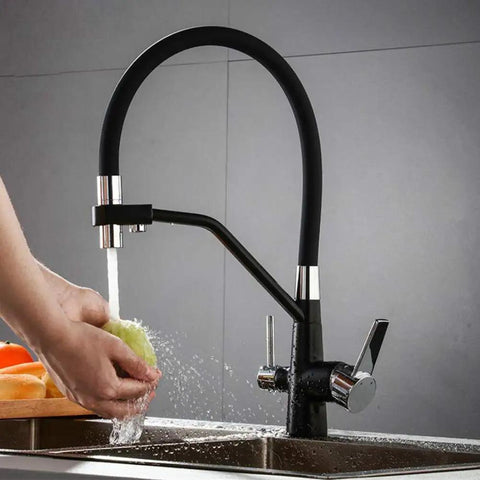 GAZOGJ 3-Way Kitchen Faucet with 360°Rotatable Shower Head, Dual Lever Mixer Tap, black finish in modern kitchen.