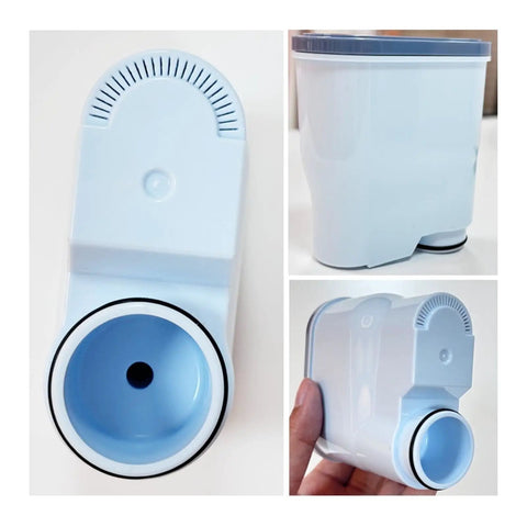 Real Deal Coffee Machine Water Filter Softener in blue, designed to purify brewing water for enhanced flavor.