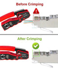 Straight Shooter Cat5 Cat6 Pass Through Crimping Tool And Wire Stripper Network Test Kit demonstrating crimping process before and after.