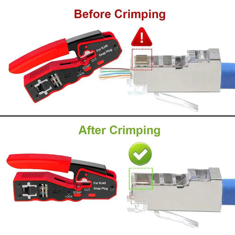Straight Shooter Cat5 Cat6 Pass Through Crimping Tool And Wire Stripper Network Test Kit demonstrating crimping process before and after.