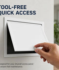 White Concealed Drywall Access Panel 29X32 With No Sweat Toolless Install For Quick Plumbing And Electrical Upkeep shown being opened.