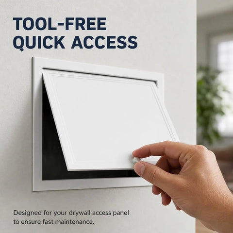 White Concealed Drywall Access Panel 29X32 With No Sweat Toolless Install For Quick Plumbing And Electrical Upkeep shown being opened.