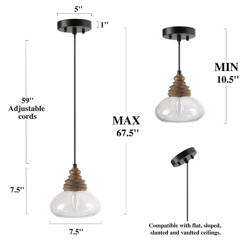 Farmhouse Pendant Light With Mango Wood And Clear Glass Teardrop Shade, adjustable cord, dimensions displayed, modern rustic lighting.