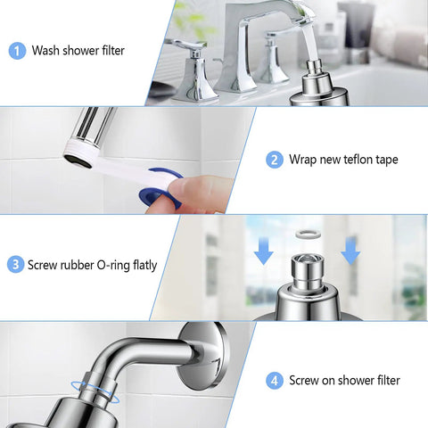 Installation steps for High Pressure Shower Head With 3 Modes And 15 Stage Hard Water Filter Cartridge, chrome finish.