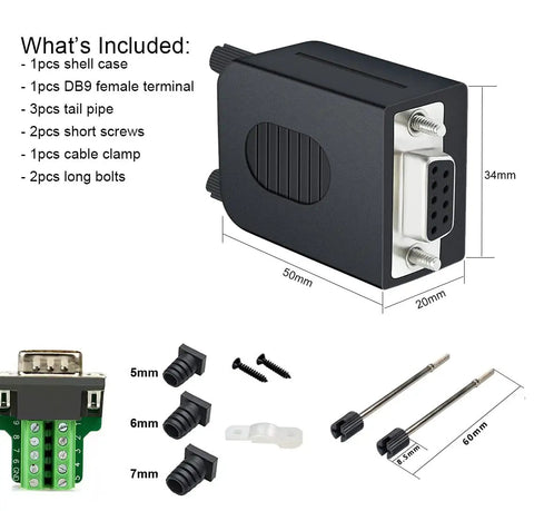 DB9 RS232 Breakout Connector Solderless Serial Adapter with included shell case and labeled DB9 female terminal, dimensions 50x34x20mm