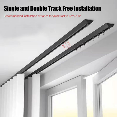 Invisible Ultra Thin Ceiling Curtain Track With Aluminum Rail And Hooks, Silent No Drill Single Curtain Rod For Living Room Bedroom Balcony And Hospital Use, 1.2m Black ceiling-mounted with single and double track spacing