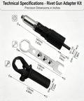 Technical specifications of the rivet gun adapter kit showing steel adapter, wrench, and handle dimensions for heavy-duty riveting powerhouses.