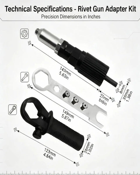Technical specifications of the rivet gun adapter kit showing steel adapter, wrench, and handle dimensions for heavy-duty riveting powerhouses.