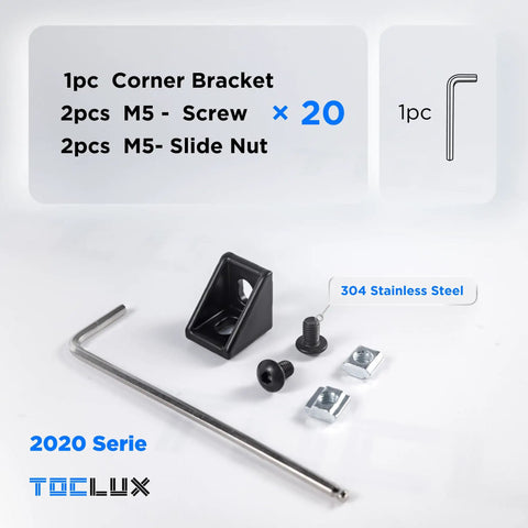 Black 2020 Corner Bracket Kit for 2020 and 2040 Aluminum Extrusion Rail Includes M5 Screws, T Nuts, Hex Wrench, and Brackets