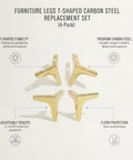 Replacement T Shaped Carbon Steel Furniture Legs Set For Sofa Cabinet And Table Frames 4 Pack displayed in gold finish