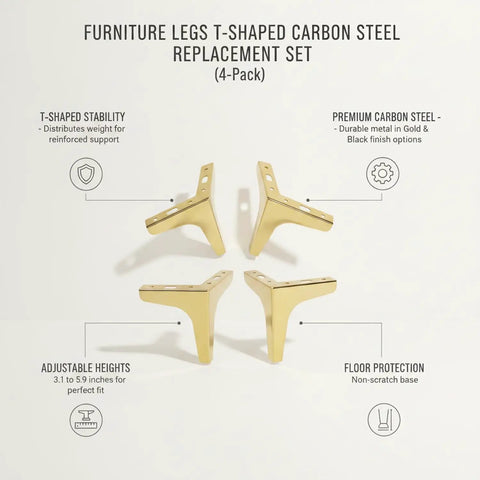 Replacement T Shaped Carbon Steel Furniture Legs Set For Sofa Cabinet And Table Frames 4 Pack displayed in gold finish