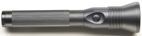 800 Lumen Rechargeable LED Flashlight With Dual Switches, 438 Meter Beam, black aluminum body, top view profile