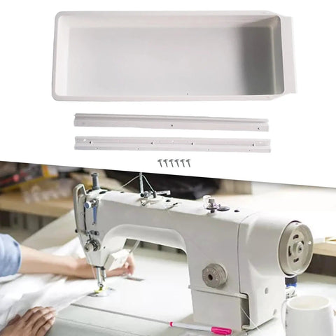 Sliding Drawer Sewing Table With Built In Storage For Home Crafters, Lightweight Yet Sturdy Table Stand For Most Sewing Machines, Portable DIY Workstation With Durable Plastic Build, Easy Assembly And Versatile Tabletop Organizer, white plastic drawer and sewing machine setup