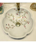 USZWBY Bathroom Vessel Sink China Painting Flower and Bird Ceramic Painting Art Bathroom Vessel Sinks Round Countertop Wash Basin,1Sink Only Bathroom Sink with floral design and gold accents.