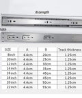 Size chart and image of Smooth Glide Drawer Slides Set, 1 Pair Ball Bearing Runners For Cabinets And Kitchen, Full Extension 3-Section Tracks, Soft Close.