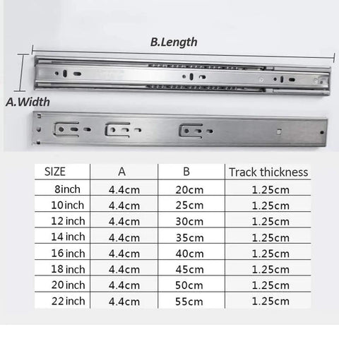 Size chart and image of Smooth Glide Drawer Slides Set, 1 Pair Ball Bearing Runners For Cabinets And Kitchen, Full Extension 3-Section Tracks, Soft Close.