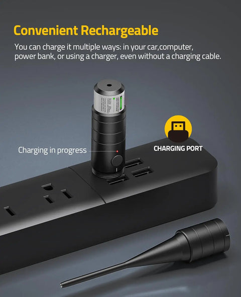 Rechargeable Green Laser Bore Sight Kit With 32 Adapters cordless charging in progress on a power strip