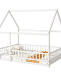 Floor Bed With Roof Frame And Safety Guardrails In White Rubber Wood for playful kids rooms with open access design