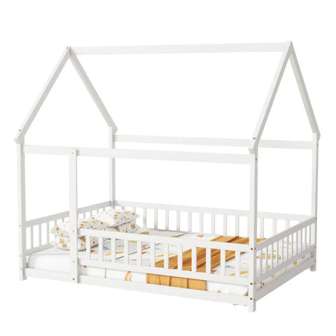 Floor Bed With Roof Frame And Safety Guardrails In White Rubber Wood for playful kids rooms with open access design