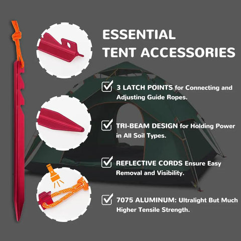 7075 Aluminum Tent Stakes 15 Pack Ultralight Tri Beam Pegs with reflective rope, essential for camping and hiking.
