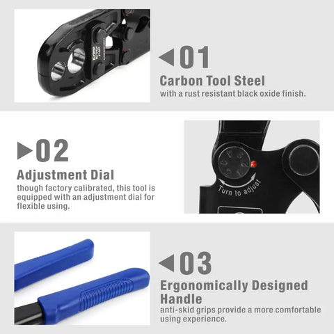 Close-up of Pex Crimping Tool Dual Size One Half Inch And Three Quarter Inch Heavy Duty details with carbon tool steel