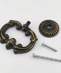 Pack Of 4 Large Drop Cabinet Pulls Two And A Half Inch Ring Dresser Knobs Vintage Style Dark Antique Brass Hardware With 66 Mm Diameter Pulls And 37 Mm Rosettes Zinc Alloy Construction Two Size Screws Included For Cabinets Dressers Drawers, showing one pull, rosette, and screws.