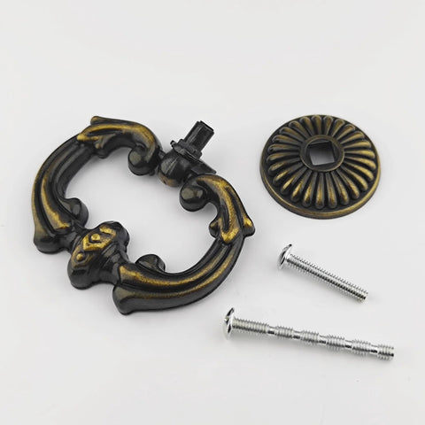 Pack Of 4 Large Drop Cabinet Pulls Two And A Half Inch Ring Dresser Knobs Vintage Style Dark Antique Brass Hardware With 66 Mm Diameter Pulls And 37 Mm Rosettes Zinc Alloy Construction Two Size Screws Included For Cabinets Dressers Drawers, showing one pull, rosette, and screws.