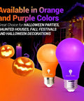 Orange and purple LED bulbs with Halloween decor, focus on Blue LED A19 2 Pack 9W 60W Equivalent Non Dimmable E26 Base Blue Light Bulbs