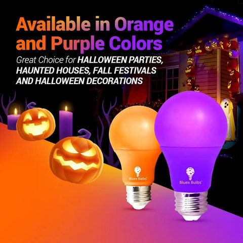 Orange and purple LED bulbs with Halloween decor, focus on Blue LED A19 2 Pack 9W 60W Equivalent Non Dimmable E26 Base Blue Light Bulbs