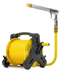 Beefy Retractable Garden Hose Reel Kit With 130 Foot Heavy Duty Water Pipe featuring yellow hose and nozzle for yard cleanup.