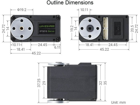 Dimensions of 30Kg High Torque Serial Bus Servo Motor with 360 Programmable Magnetic Encoder, front and side views.