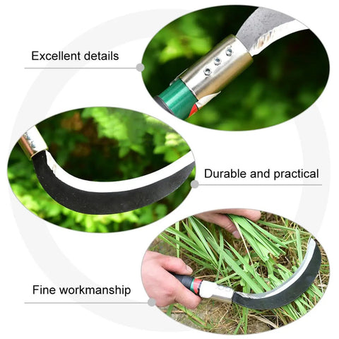 Two Pack Manganese Steel Weeding Sickle Set For Easy Yard Work, Weed Cutting And Harvesting showing detailed blades and ergonomic handle