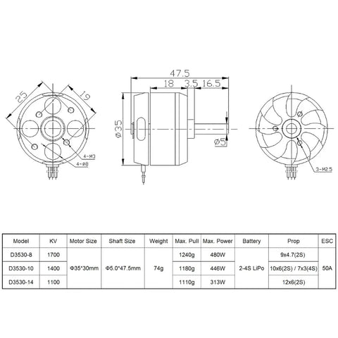 Technical diagram of D3530 Brushless Outrunner Motor 1700KV 1400KV 1100KV 5.0mm Shaft For 2S To 4S RC