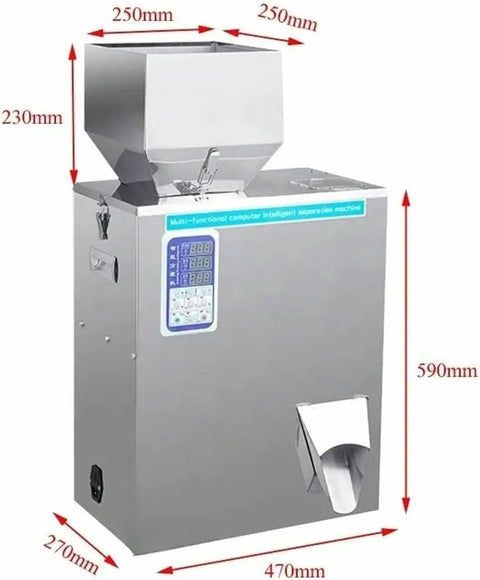 Automatic Powder And Granule Filling Machine With Hassle Free Setup, Rock Solid Stainless Steel Frame, Digital Scale For Precision Weighing, 10 To 500 Gram Range, Plug And Play Packaging For Tea Grains Feed Jewelry side view showing dimensions and stainless steel design.