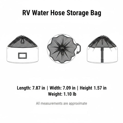 Illustration of Heavy-Duty RV Water Hose Storage Bag With Secure Closure, Compact 7.9 x 7.1 Inch in front and side views.