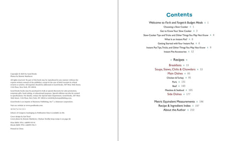 Table of contents page in Budget Slow Cooker And Instant Pot Cookbook 127 Quick Easy Affordable Recipes to Slash Grocery Bills.