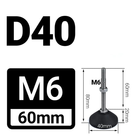 Adjustable Leveling Feet For Furniture And Equipment, 40mm Diameter, Thread M5 To M12, Length 30 To 150mm, Nylon And Stainless Steel Build, Anti Slip Base, No Fuss Easy Install In Prethreaded Sockets, Built Tough And Stable. D40 M6 60mm leveling foot