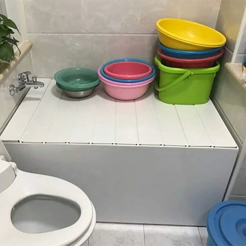 Chill Mode On With This Premium Foldable Insulated Bathtub Cover And White PVC Bath Tray featuring multiple colorful bowls stacked.