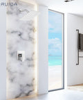 Rain Shower System With 8 Inch Square Showerhead, Easy Install 1-Handle Trim Kit, Chrome Finish, Stainless Steel Head And Brass Valve, Female Thread Rough-In, Cover Plate With H And C Labels installed in marble-walled bathroom