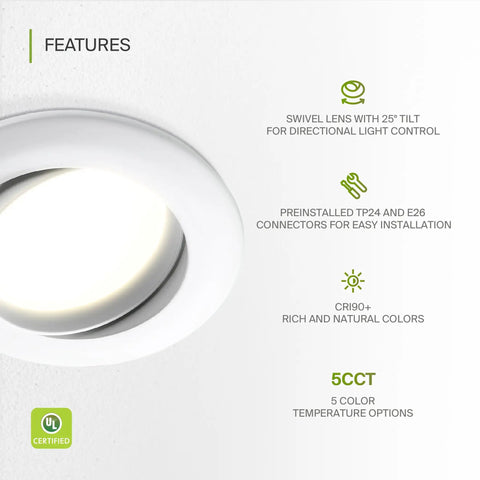 4 Inch Gimbal LED Recessed Light Kit White Trim 10W 860LM Adjustable CCT 2700K 3000K 3500K 4000K 5000K Dimmable Rotating Eyeball
