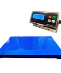 Dead Nuts Accurate 48 By 48 Inch Platform Floor Scale With Digital Indicator displaying weight, blue platform for industrial use.