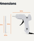Dimensions of Hot Glue Gun Kit With 30 Sticks, 20W High Temp, Drip Free Nozzle, 5.6-inch and stick dimensions shown