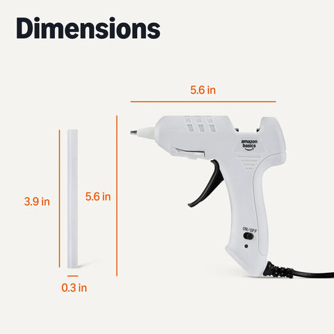 Dimensions of Hot Glue Gun Kit With 30 Sticks, 20W High Temp, Drip Free Nozzle, 5.6-inch and stick dimensions shown