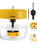 KATA 6-inch hole saw kit for recessed lighting with dust bowl; yellow metal ring, drill bits, and hex key